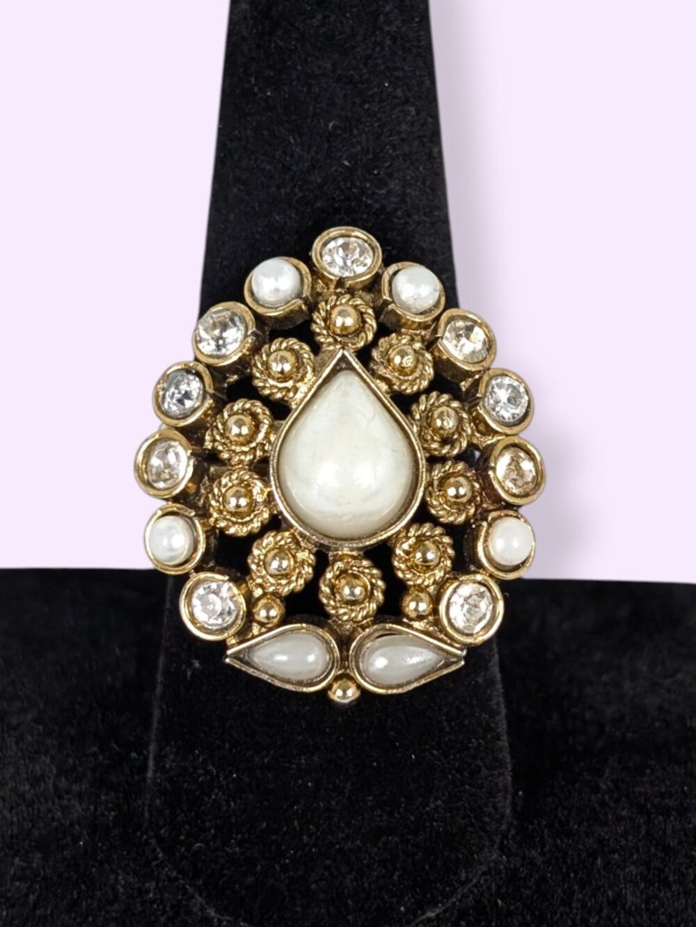 Kundan / Polki Style Faux Pearl & Rhinestone Costume Ring